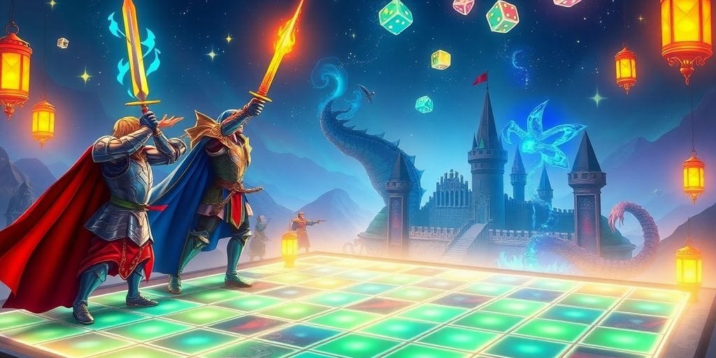 Variety of RPG characters wielding swords and magic under stars