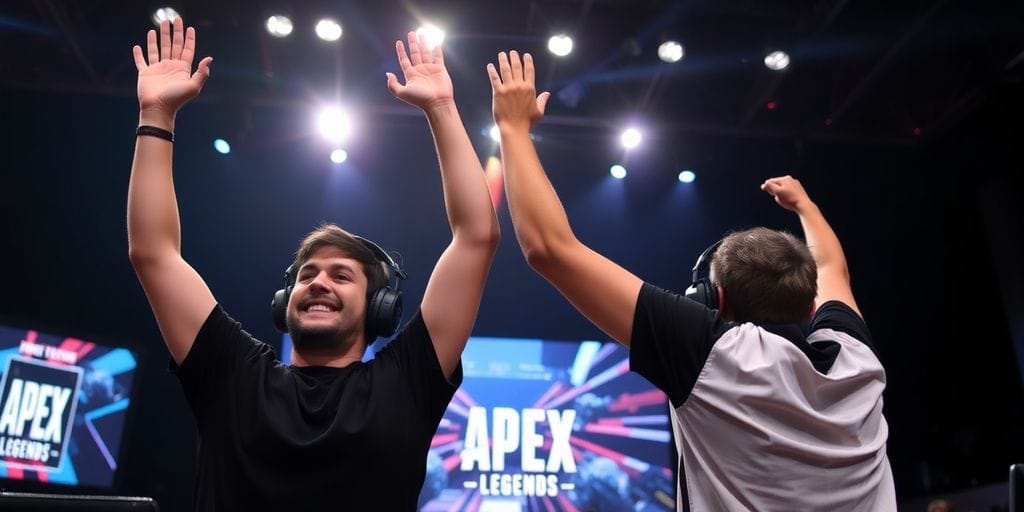 Two gamers celebrating Apex Legends victory.