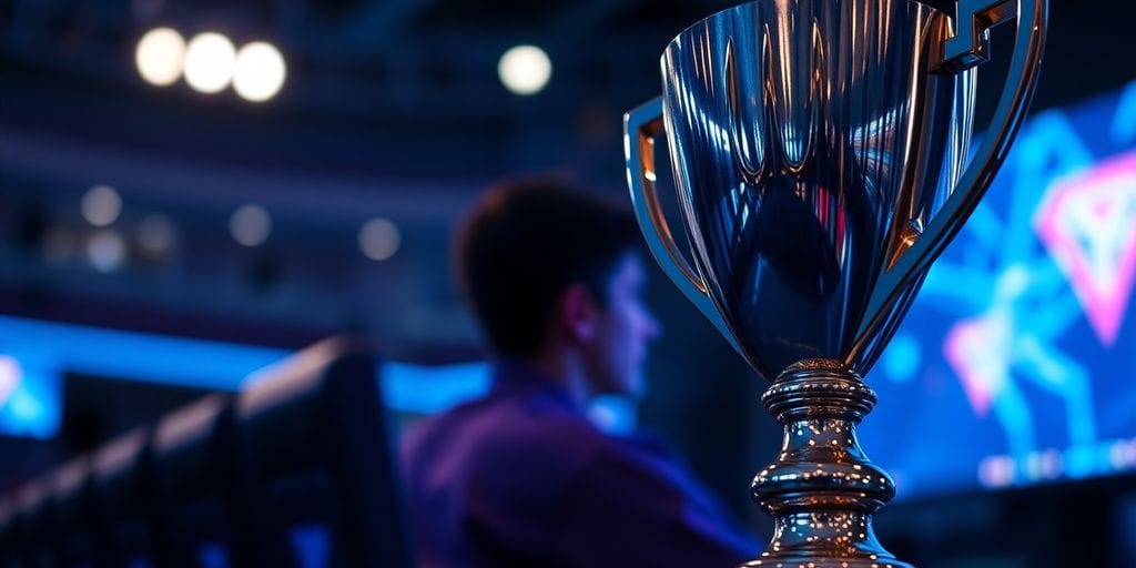 Glowing trophy, stadium lights, gamer silhouette, intense focus.