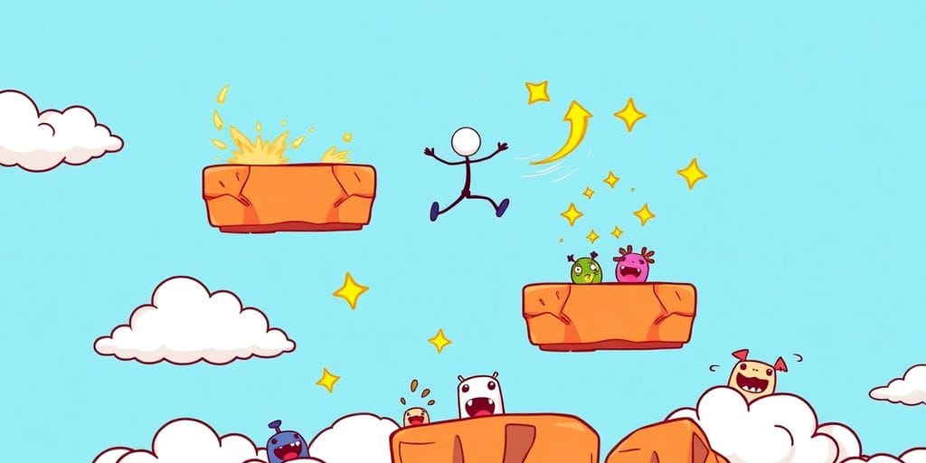 Doodle Jump character bouncing on platforms against a blue sky