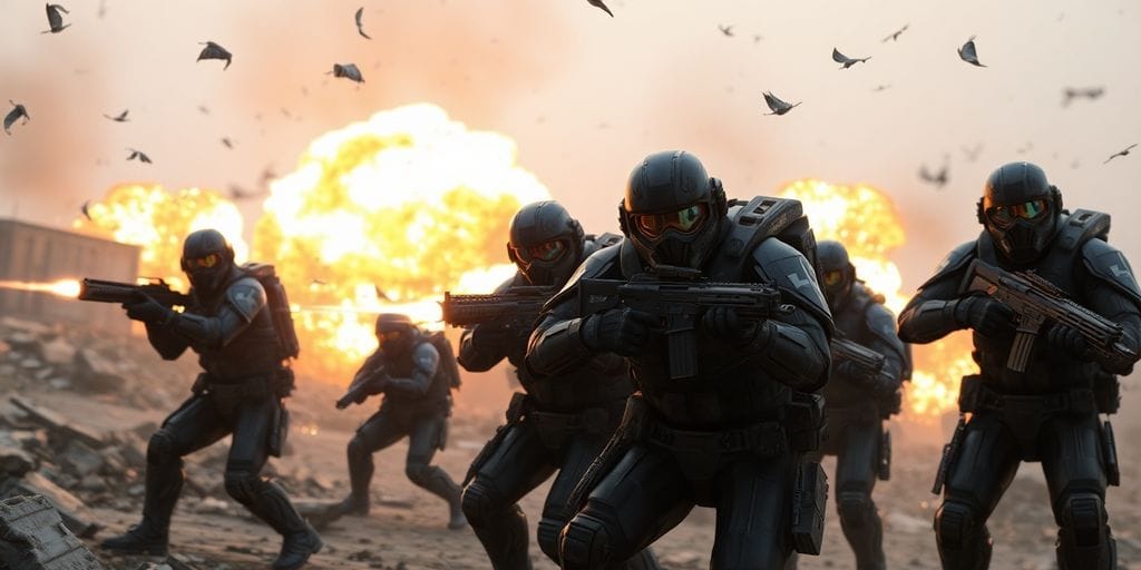 Soldiers in futuristic battle gear, intense action.