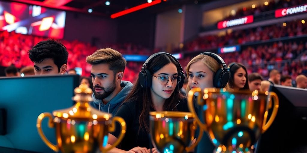 Gamers compete on computers with bright screens.