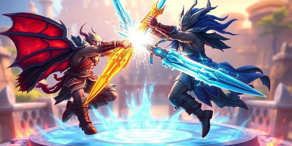 Two fantastical warriors clash on a glowing arena.