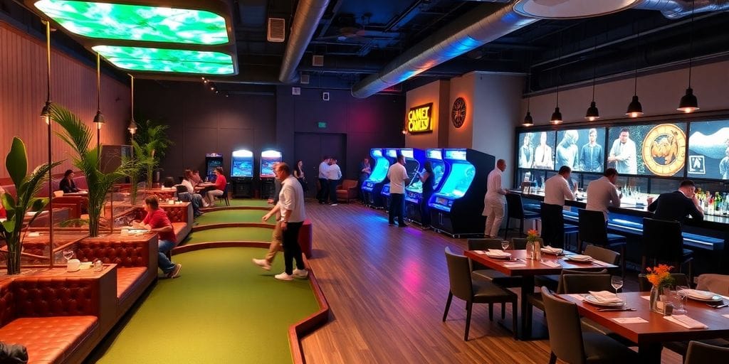 Modern gaming lounge with golf simulators and patrons dining happily