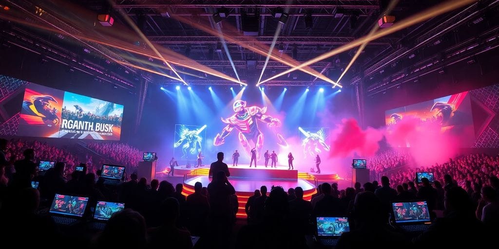 Neon-lit esports arena with holographic characters and gamers intensely battling