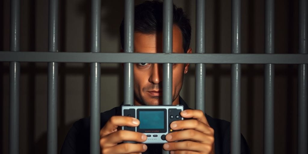 Man in jail reviewing retro gaming handheld.