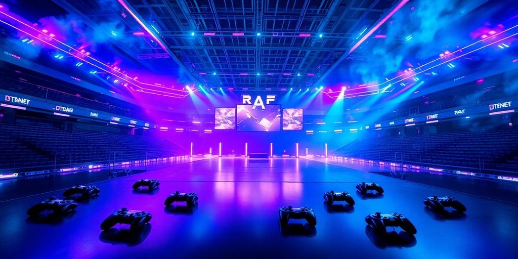 Esports stadium filled with vibrant lights.