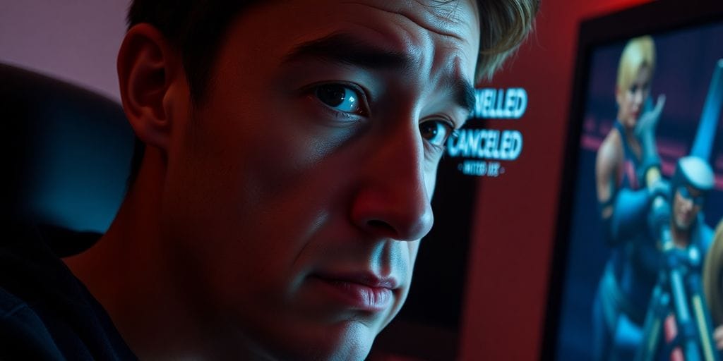 Disappointed gamer staring at a canceled game screen.