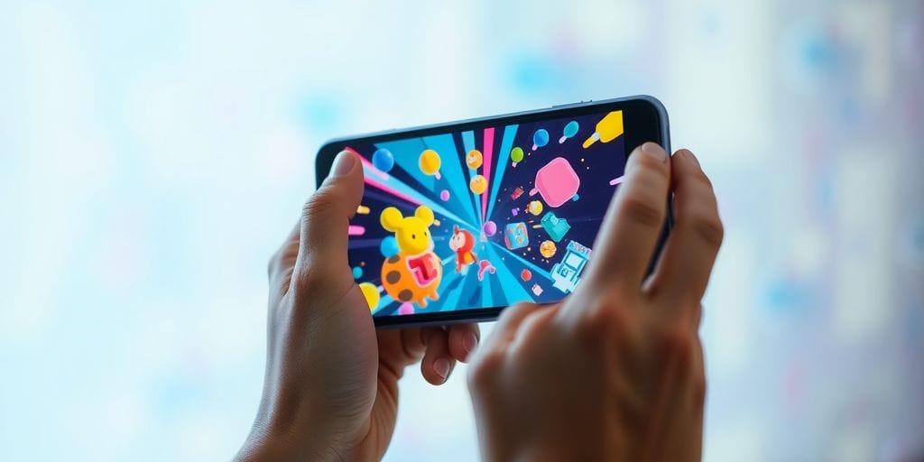 Person playing mobile game, vibrant, fun.