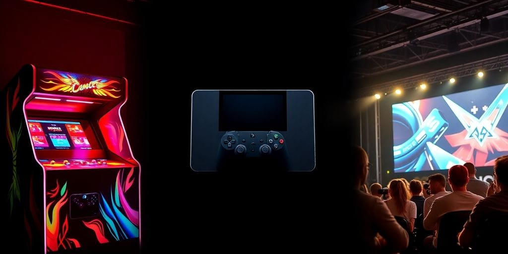 Arcade cabinet, gaming console, esports stage, diverse gamers.