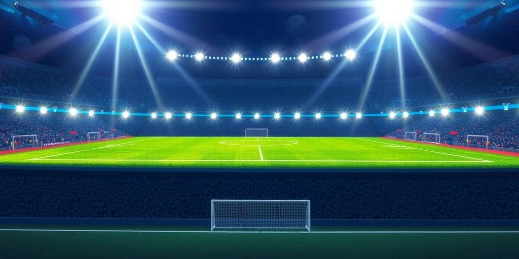 Football stadium with bright lights at night.