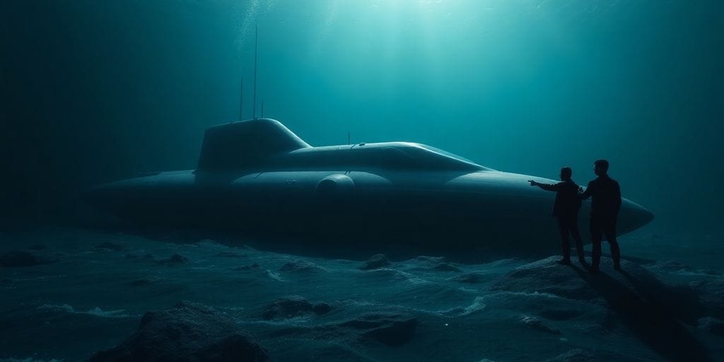 Underwater scene, futuristic submarine, angry game developers.