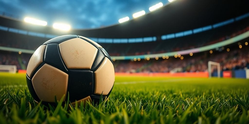 Soccer ball on field, stadium lights