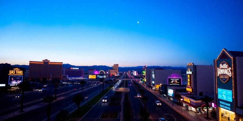 Las Vegas strip at dusk, few people.