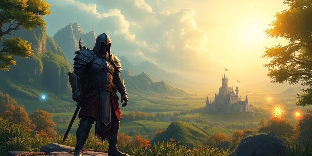 Fantasy warrior stands in epic, colorful game world.