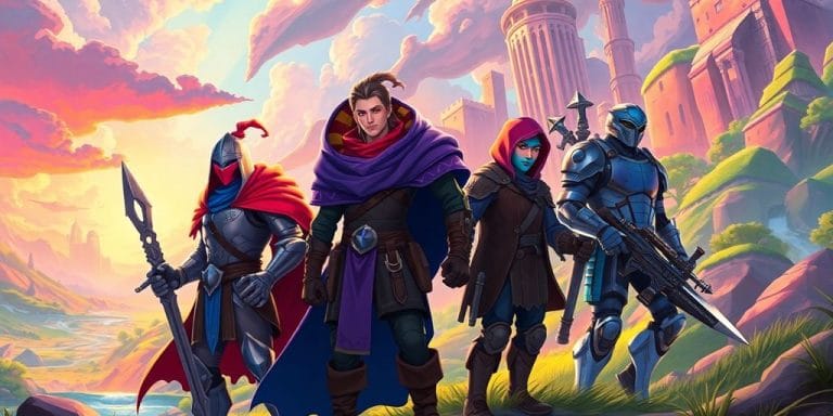 Fantasy landscape, futuristic city, diverse game characters.