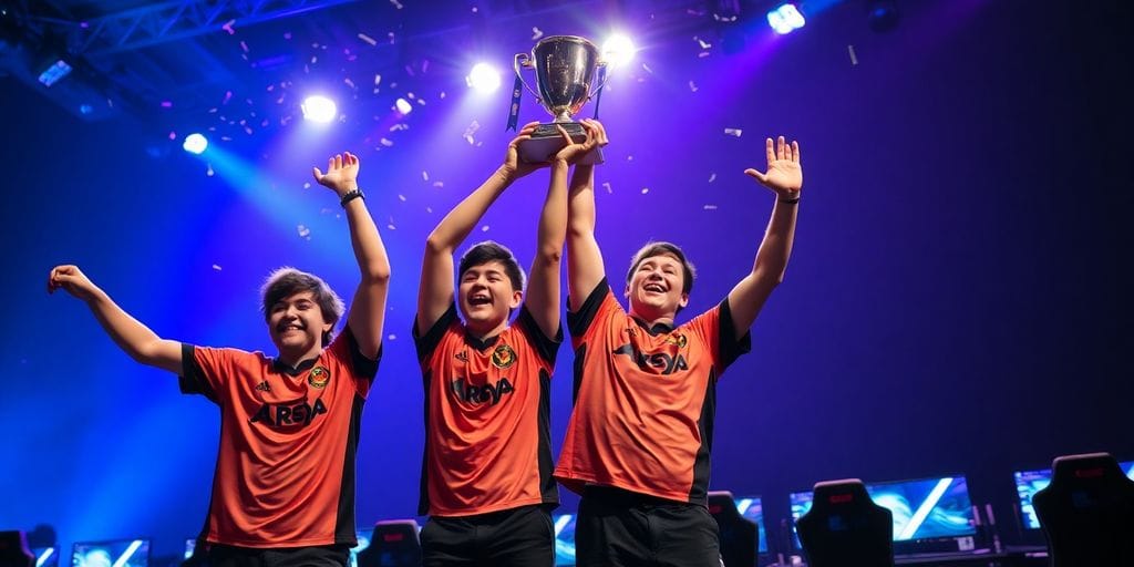 Velocity Gaming team celebrating on stage with trophy and confetti