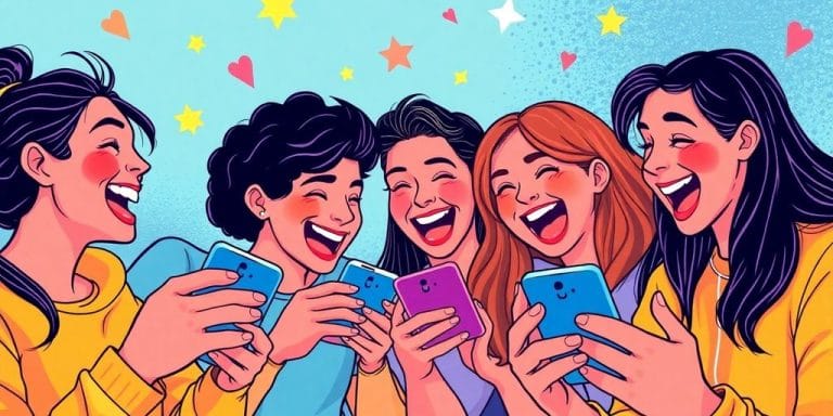 Friends playing colorful mobile games together.