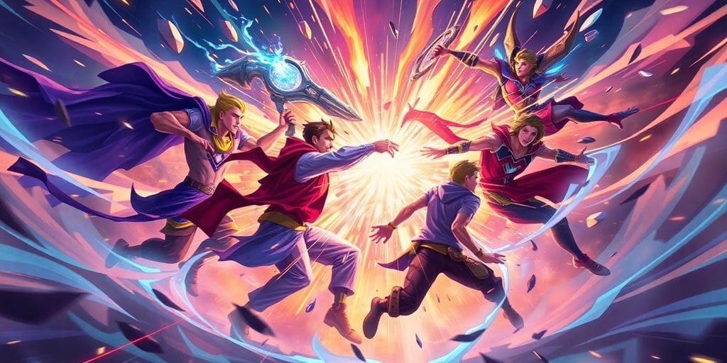 League of Legends champions battling on a vibrant arena.