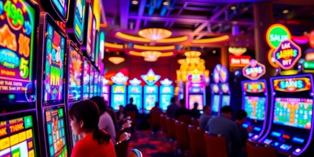 Brightly lit Macau casino interior, vibrant slot machines.