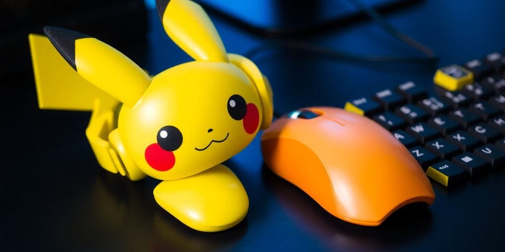 yellow Pikachu headset, mouse, keyboard on desk