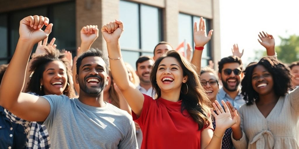 Actors cheering, holding signs, celebrating strike end