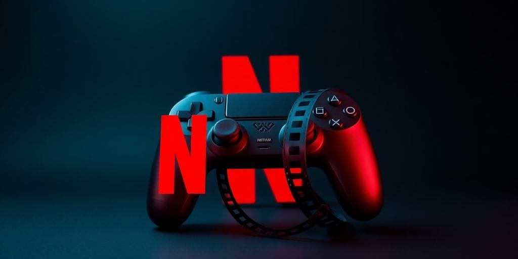 Netflix logo, game controller, film reel