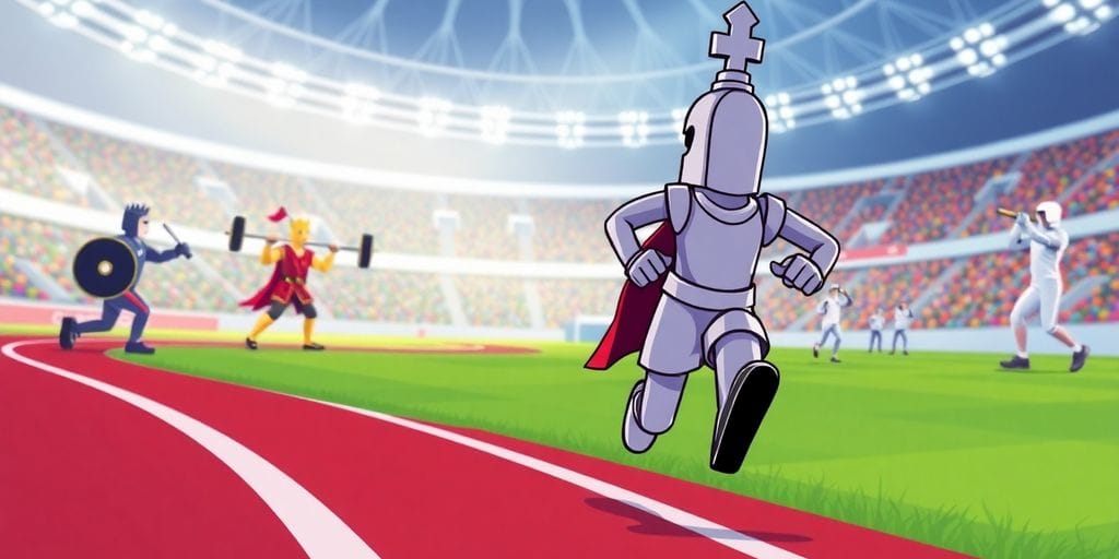 An illustration of chess pieces competing in various athletic events.