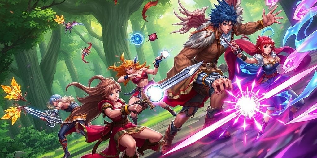 Fantasy characters battling in a vibrant, action-packed video game scene.