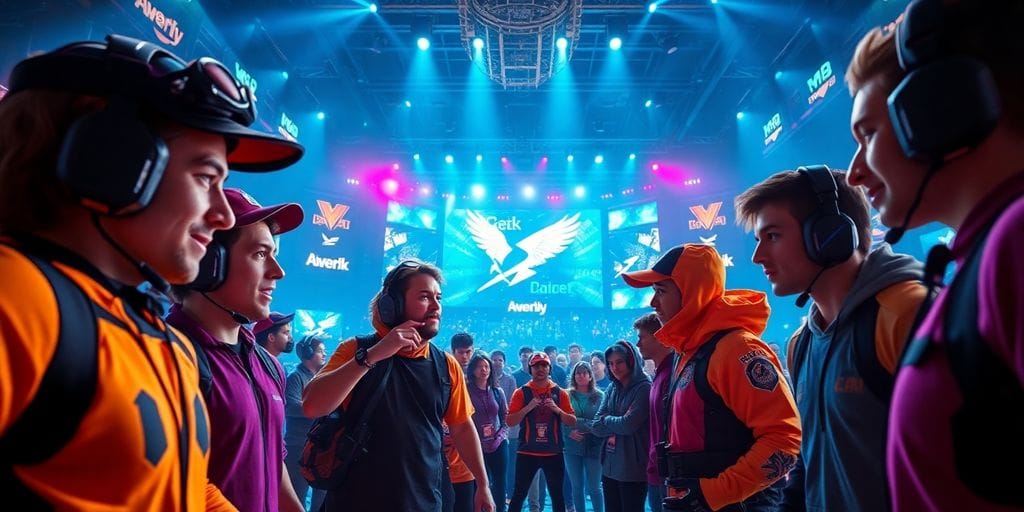 Esports players in intense competition, digital arena.