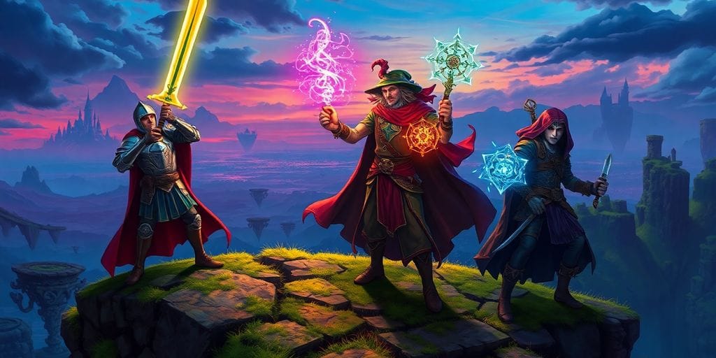 Fantasy heroes, glowing swords, epic RPG adventure.