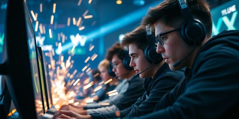 Competitive gamers in action, intense esports arena.