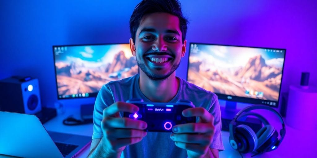 Gamer celebrating with controller, surrounded by tech.