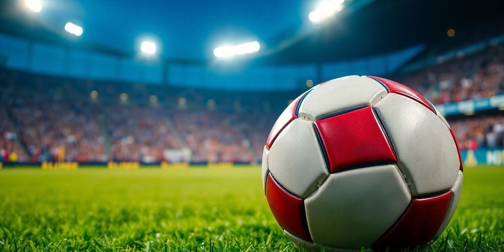 Soccer ball on field, stadium lights glowing.