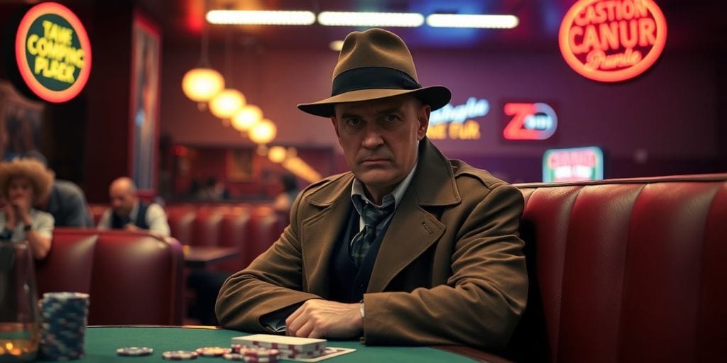 Diner, mobster, casino chips, poker cards