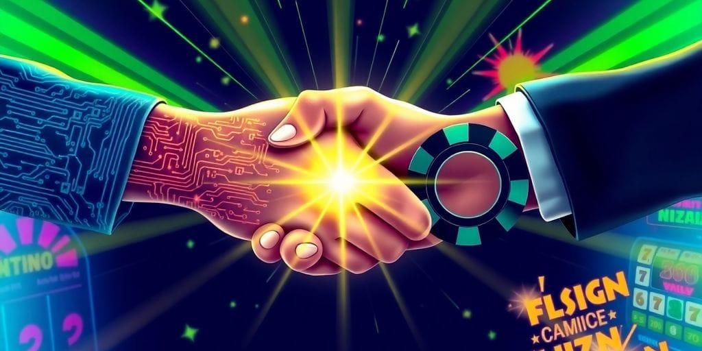 Two companies shaking hands, digital casino chips.