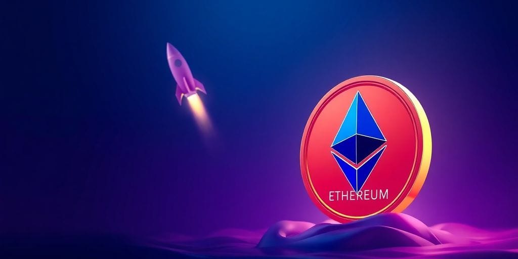 Ethereum coin next to soaring stock rocket.