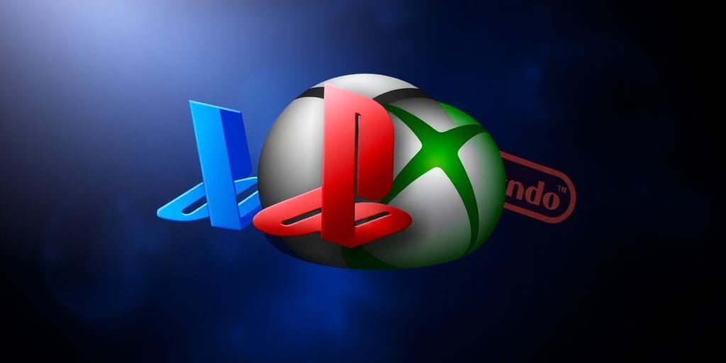 PlayStation, Xbox, and Nintendo logos merging.