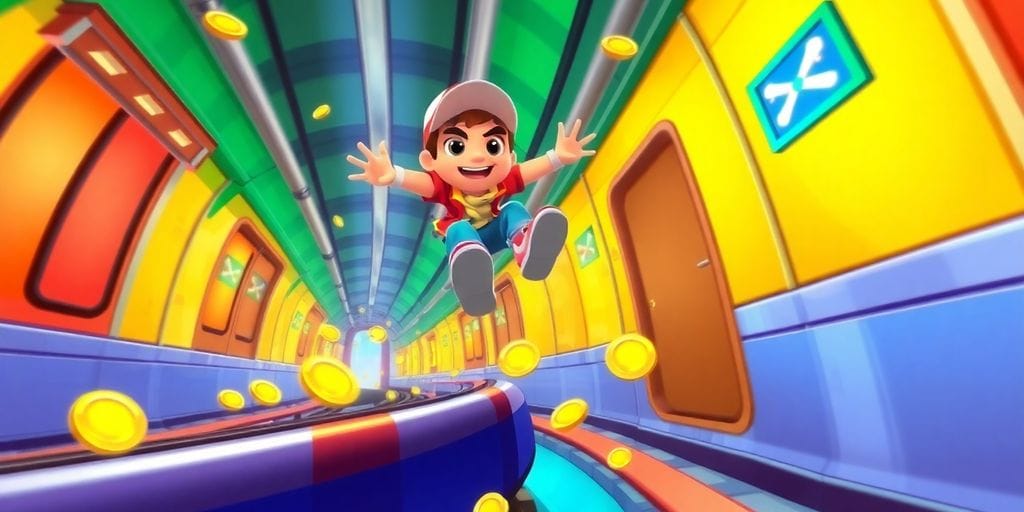 Subway Surfers character mid-air, collecting coins.