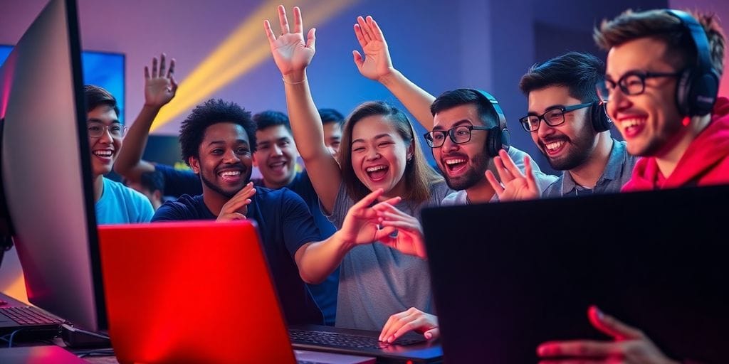 Diverse gamers celebrating with Lenovo Legion laptops.