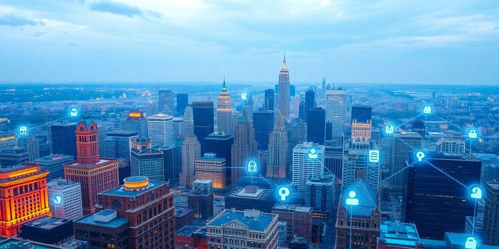 Pennsylvania landscape with glowing digital casino icons.