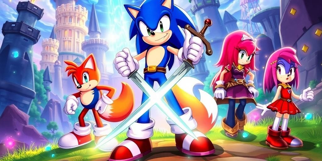 Sonic and friends in a vibrant RPG landscape.
