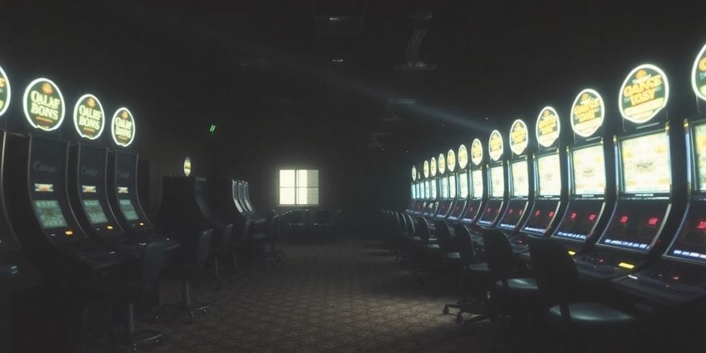 Empty casino floor, slot machines powered off