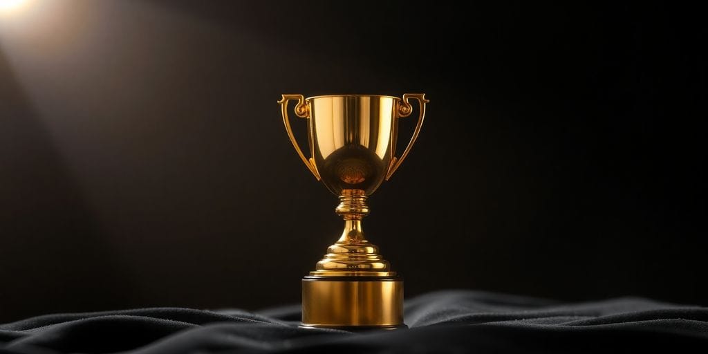 Shimmering gold trophy on velvet, bright spotlight.