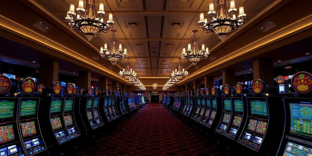 Empty casino floor, dim lights.