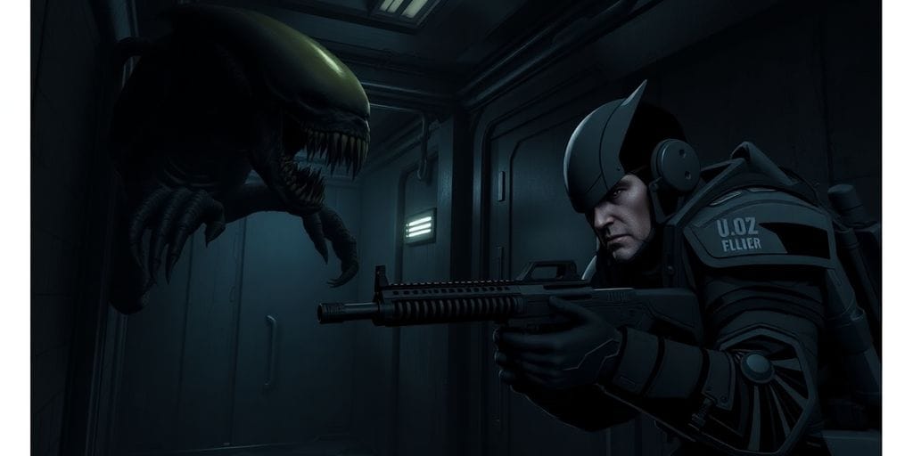 Xenomorph looms over colonial marine, dark sci-fi setting.