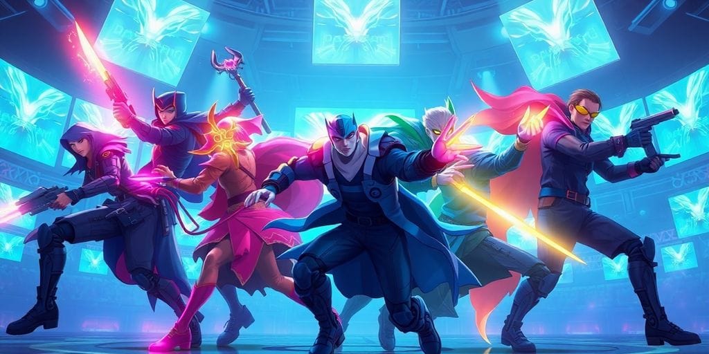 Valorant agents in action, esports arena background.