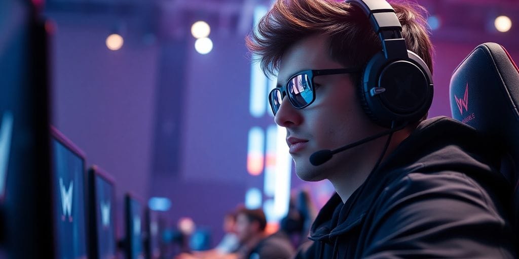 Esports player in action, illuminated by vibrant game lights.