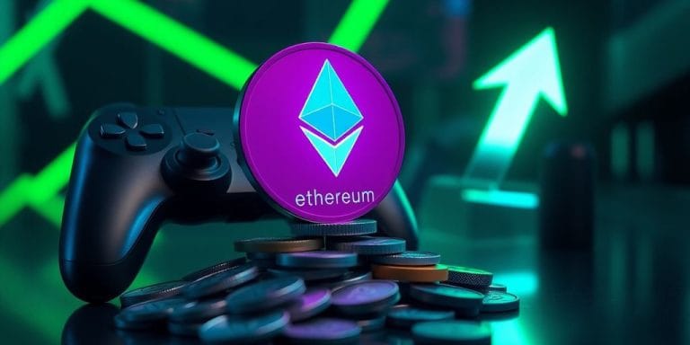 Ethereum coin, gaming controller, rising arrow.