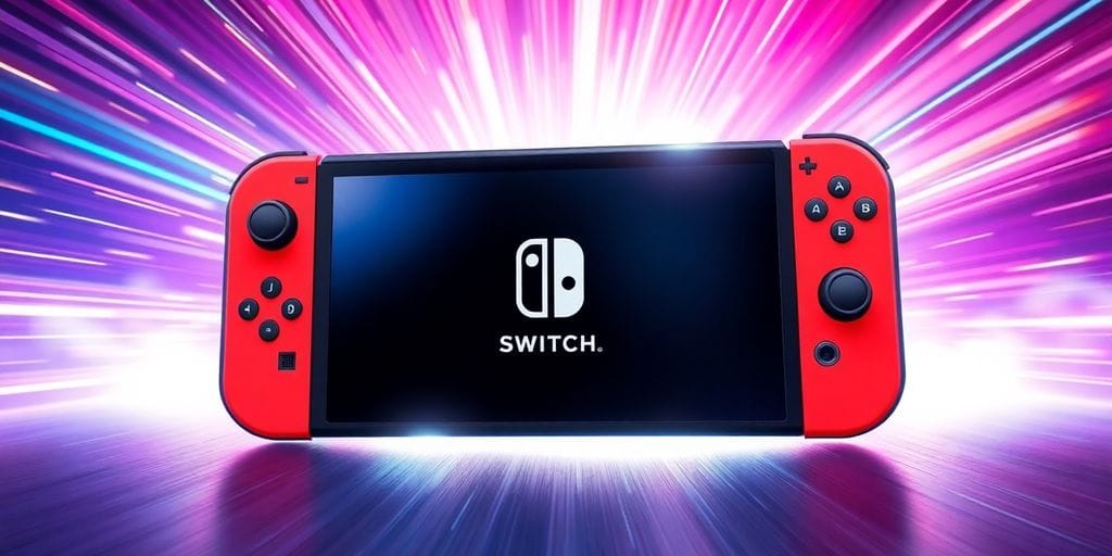 Nintendo Switch 2 console with bright celebratory background.